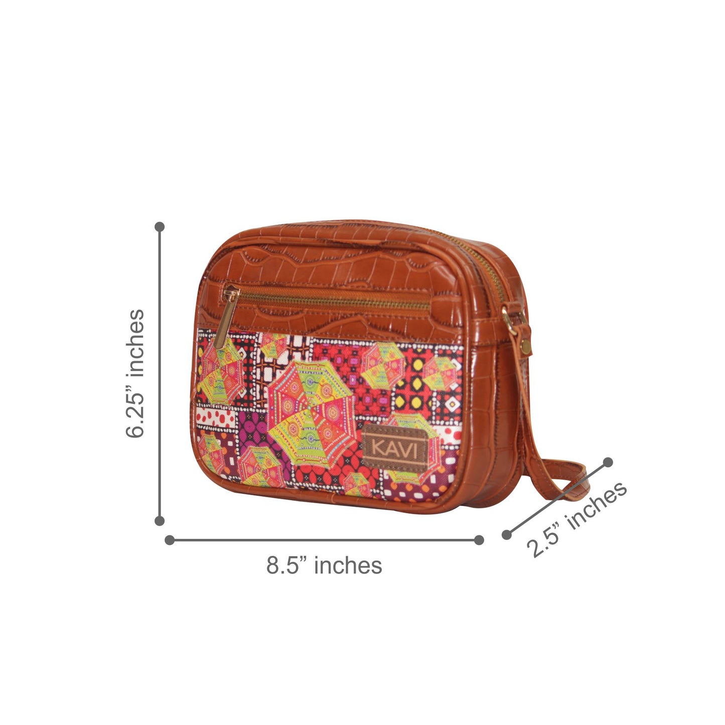 Colourful Umbrella Rectangular Sling Bag Brown Exterior 102-2