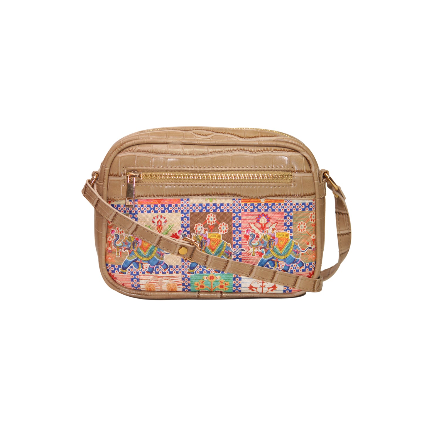 Dancing Elephant Rectangular Sling Bag Beige Exterior 101-1