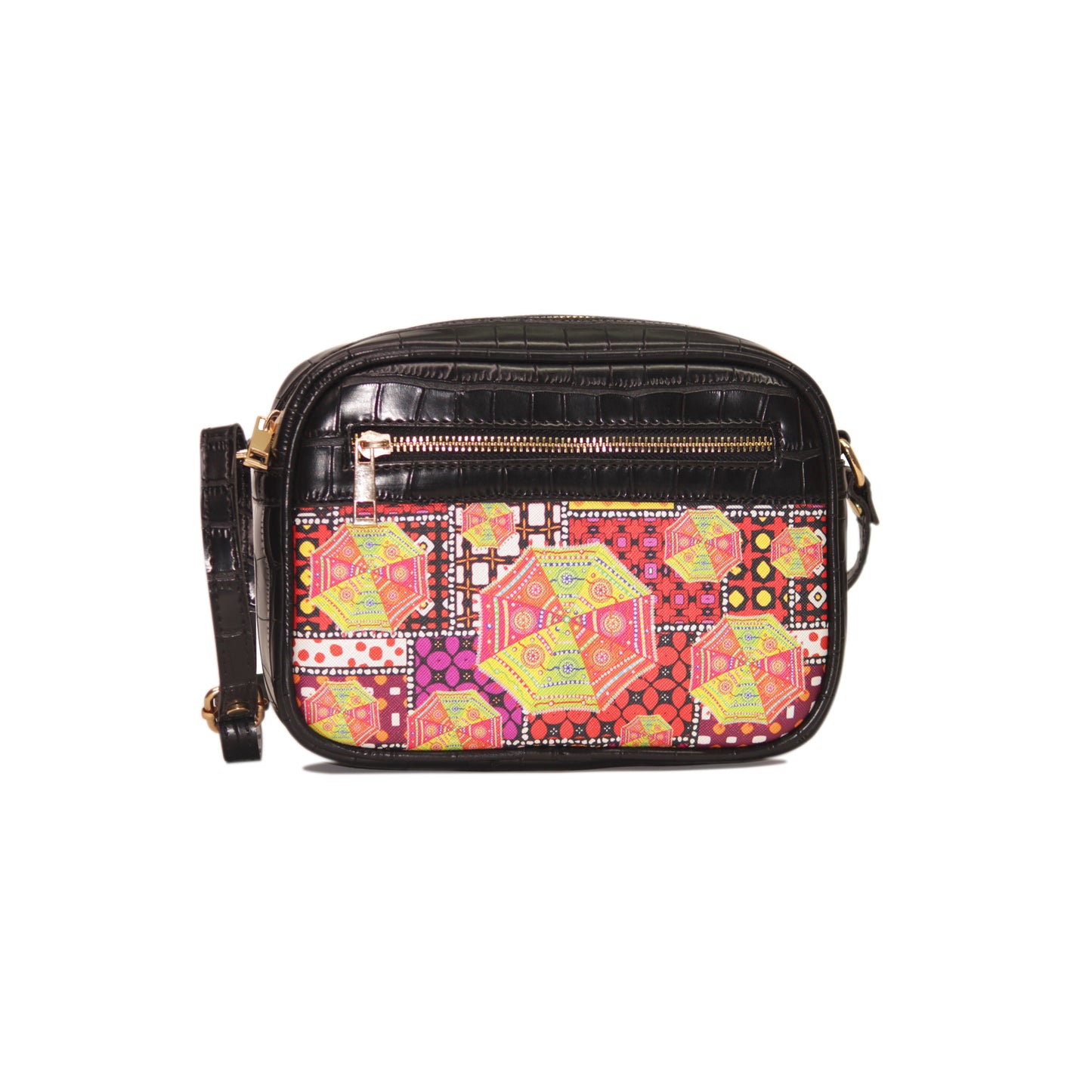 Colourful Umbrella Rectangular Sling Bag Black Exterior 102-1