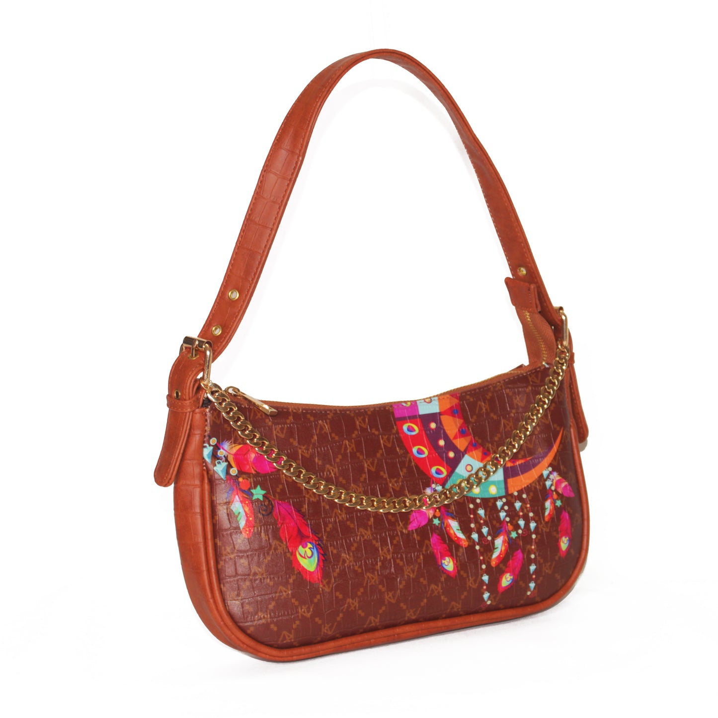 Feathery Moon Charm Brown Baguette Shoulder Bag 706