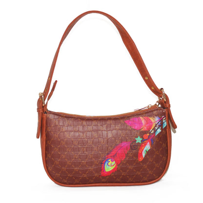 Feathery Moon Charm Brown Baguette Shoulder Bag 706