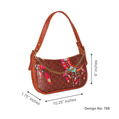 Feathery Moon Charm Brown Baguette Shoulder Bag 706